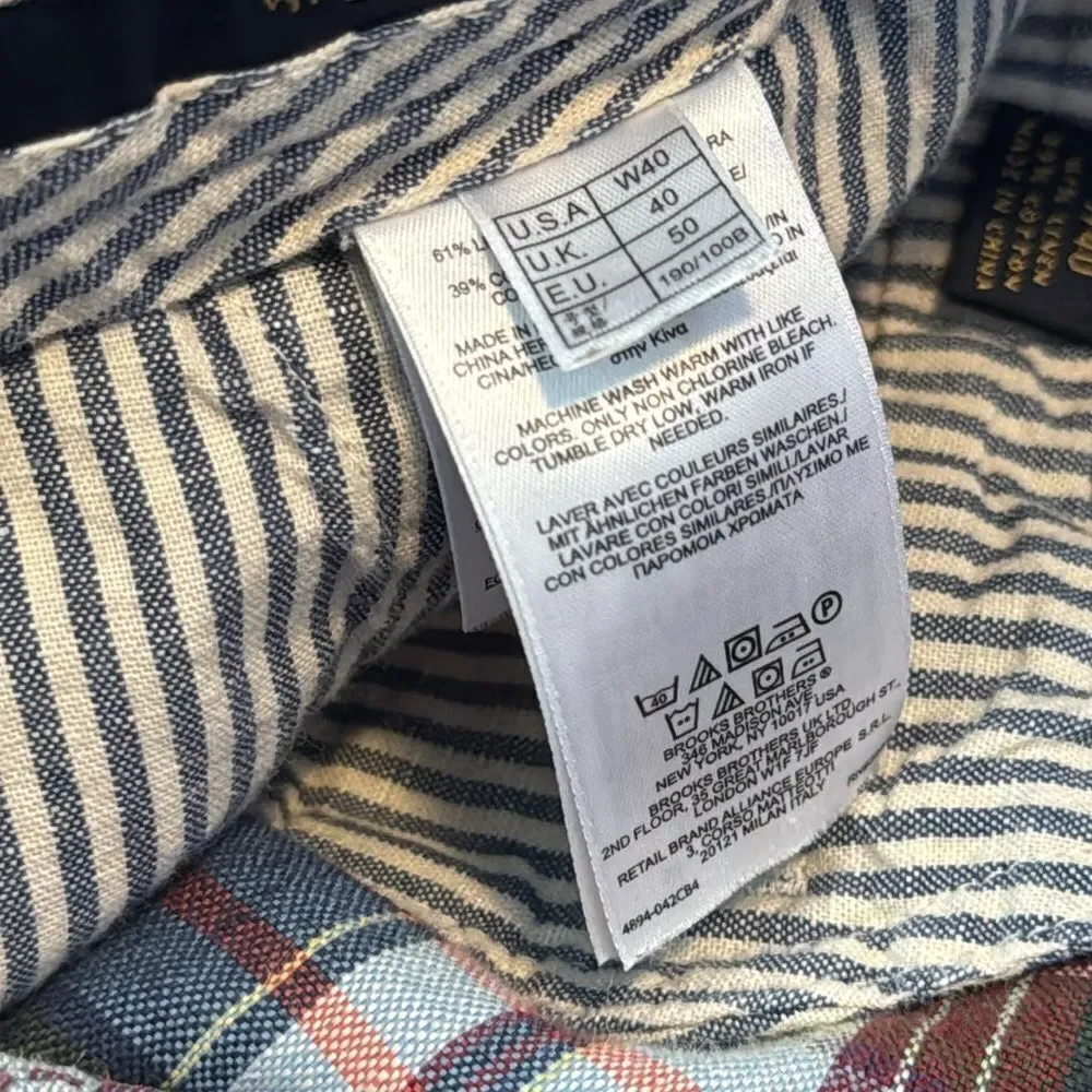 Brooks Brothers Mens Linen Blend Chino Flat Front Plaid Casual Pockets